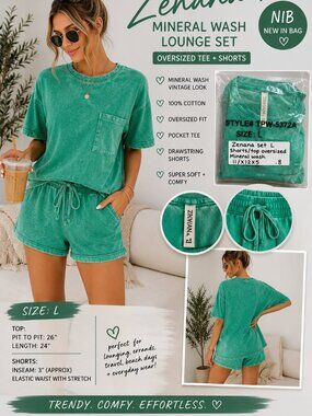 Zenana Mineral Wash Lounge Set Green Oversized Tee Shorts L NIB
